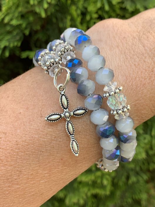 Blue and silver rosary bracelet